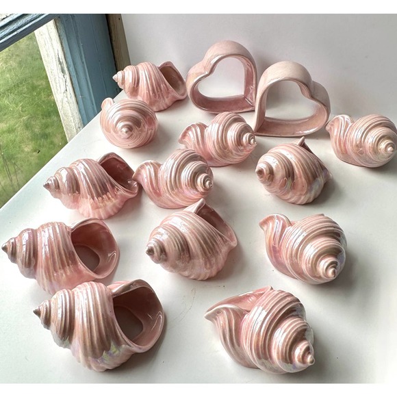 Vintage Pink Lusterware Napkin Rings Iridescent Ceramic Set of 12 Plus 2 Hearts - Picture 2 of 10